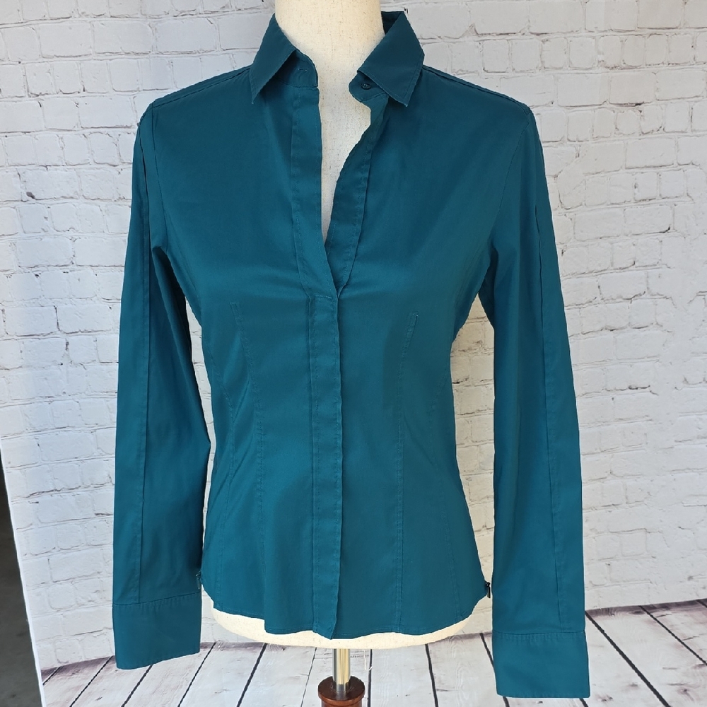 BOSS Hugo Boss Bashina‎ 4 Teal Side Zip Slim Fit Blouse Shirt Sz 4